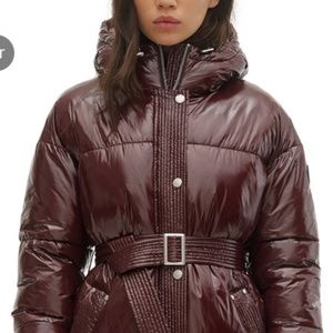 Noize Azzurra Patent Belted Hooded Puffer Jacket In Oxblood Puffer Burgundy Coat
